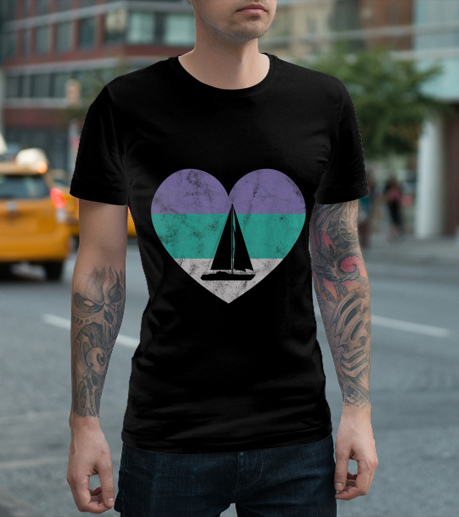 Sailboat Sailing Heart With Purple Green Stripes T-Shirt