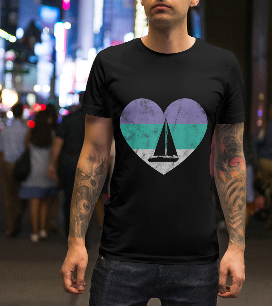 Sailboat Sailing Heart With Purple Green Stripes T-Shirt