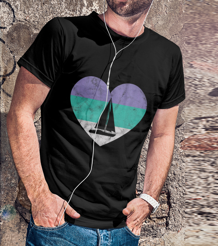 Sailboat Sailing Heart With Purple Green Stripes T-Shirt
