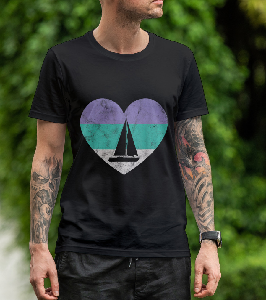 Sailboat Sailing Heart With Purple Green Stripes T-Shirt