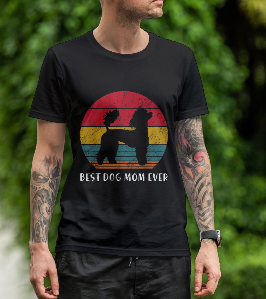 Best Dog Mom Ever Vintage Poodle Silhouette Retro Stripe Circle T-Shirt
