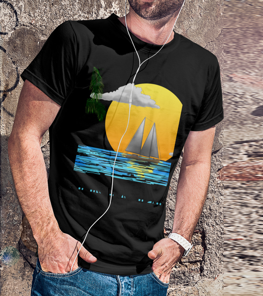 Sailing Catalina Island California Sunset Palm Ocean Scene T-Shirt