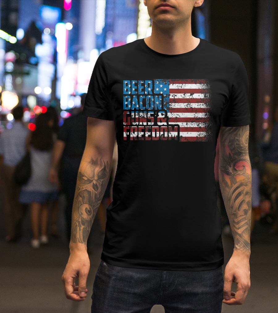 Beer Bacon Guns And Freedom USA Flag Vintage T-Shirt