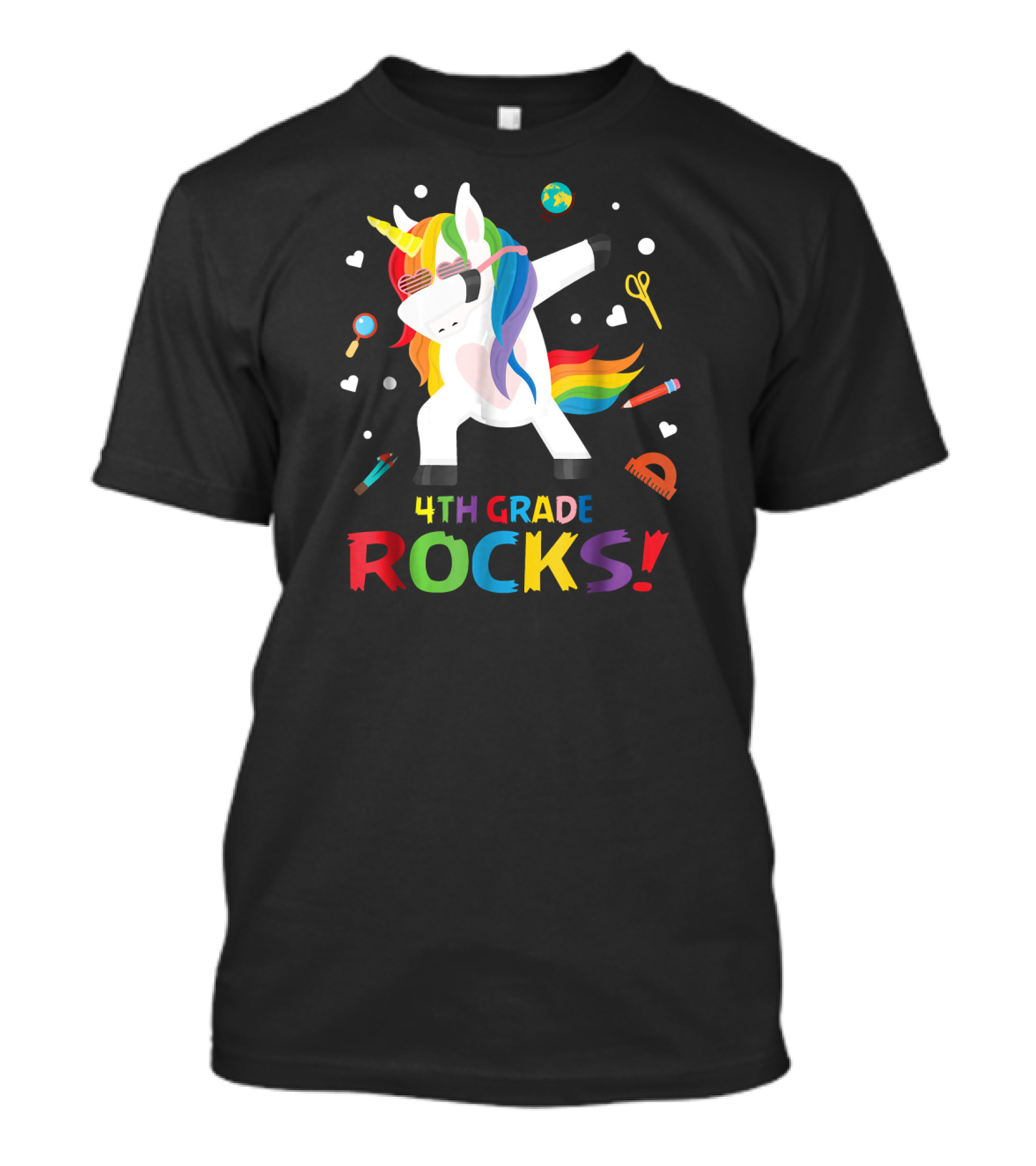 4th Grade Rocks Dabbing Rainbow Unicorn With School Supplies T-Shirt