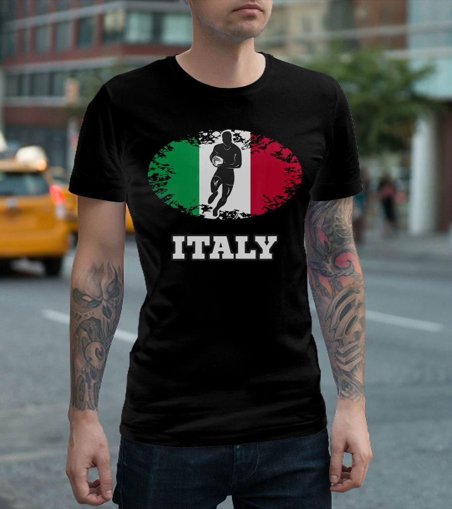 Italy Rugby Passion Icon With Tricolor Flag And Player Graphics T-Shirt