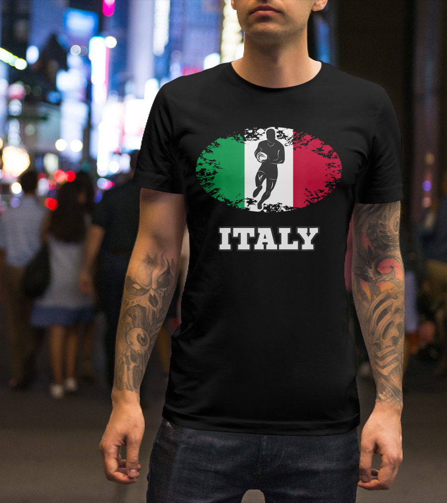 Italy Rugby Passion Icon With Tricolor Flag And Player Graphics T-Shirt