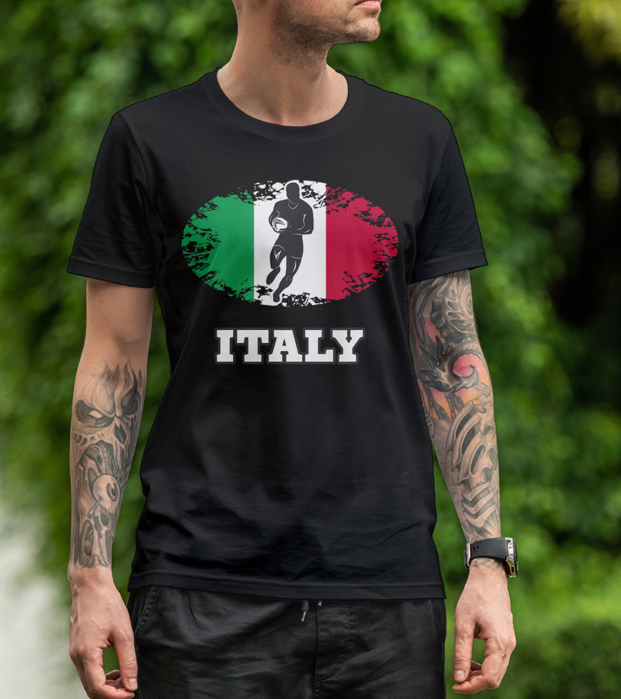 Italy Rugby Passion Icon With Tricolor Flag And Player Graphics T-Shirt
