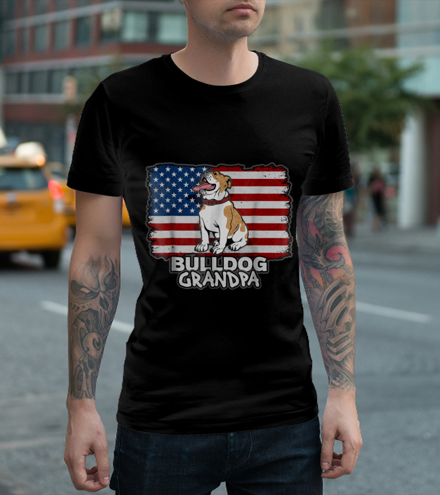 Bulldog Grandpa With American Flag Background T-Shirt