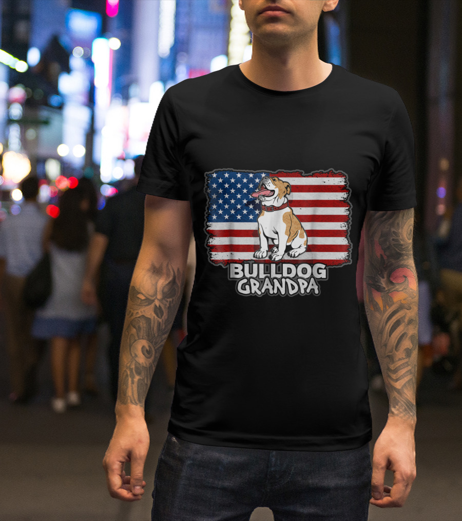 Bulldog Grandpa With American Flag Background T-Shirt
