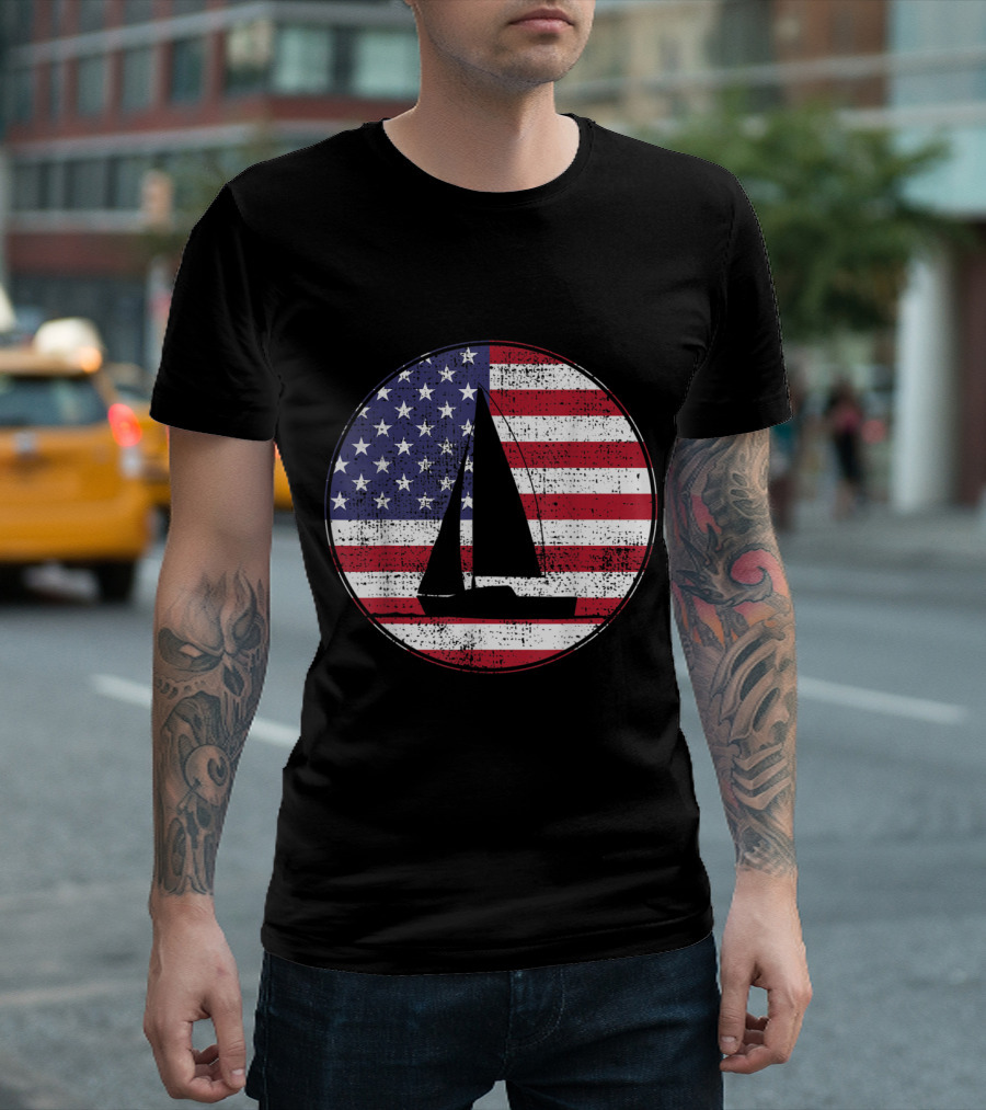 Sailing American Flag 4th of July Celebration Patriotic Boat T-Shirt