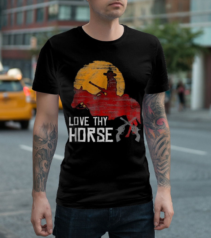 LOVE THY HORSE Red Rider Against Sunset with Crossed Guns T-Shirt