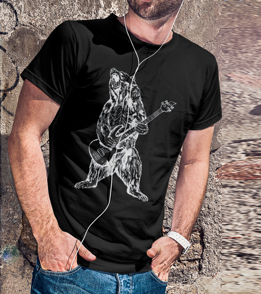 Funny Bear Playing Bass Guitar Musician Roaring Performance T-Shirt