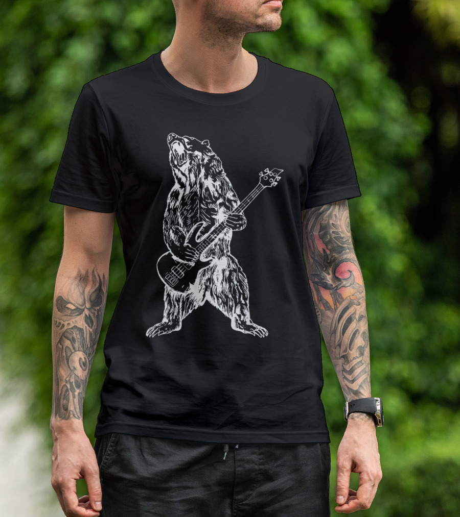 Funny Bear Playing Bass Guitar Musician Roaring Performance T-Shirt