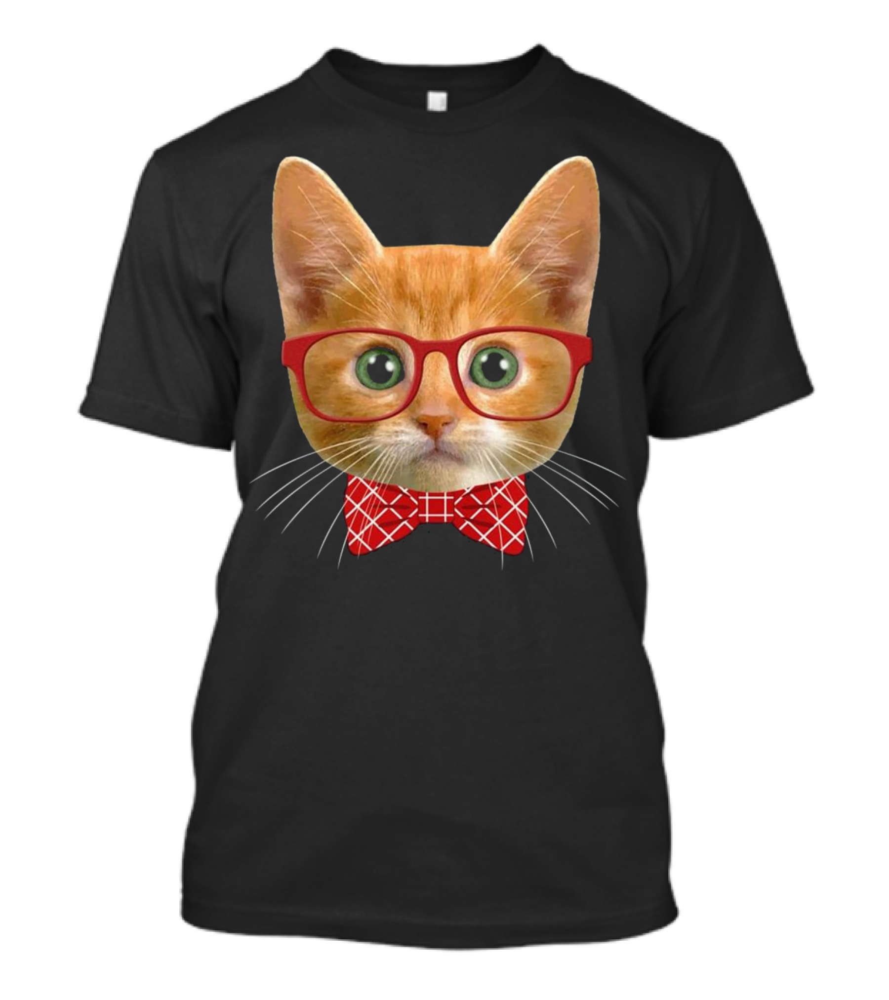 Ginger Orange Hipster Cat Green Eyes Red Glasses Bow Tie T-Shirt
