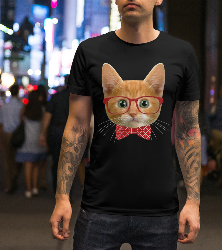 Ginger Orange Hipster Cat Green Eyes Red Glasses Bow Tie T-Shirt