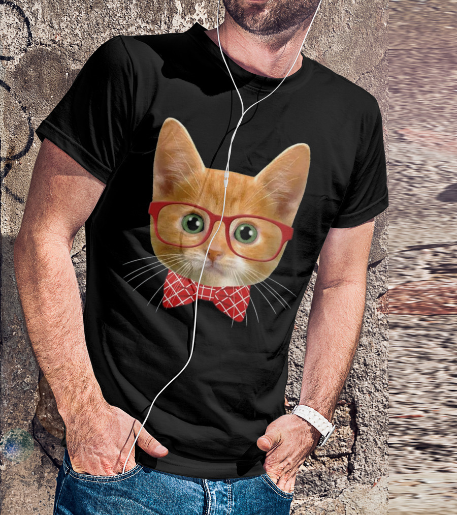 Ginger Orange Hipster Cat Green Eyes Red Glasses Bow Tie T-Shirt