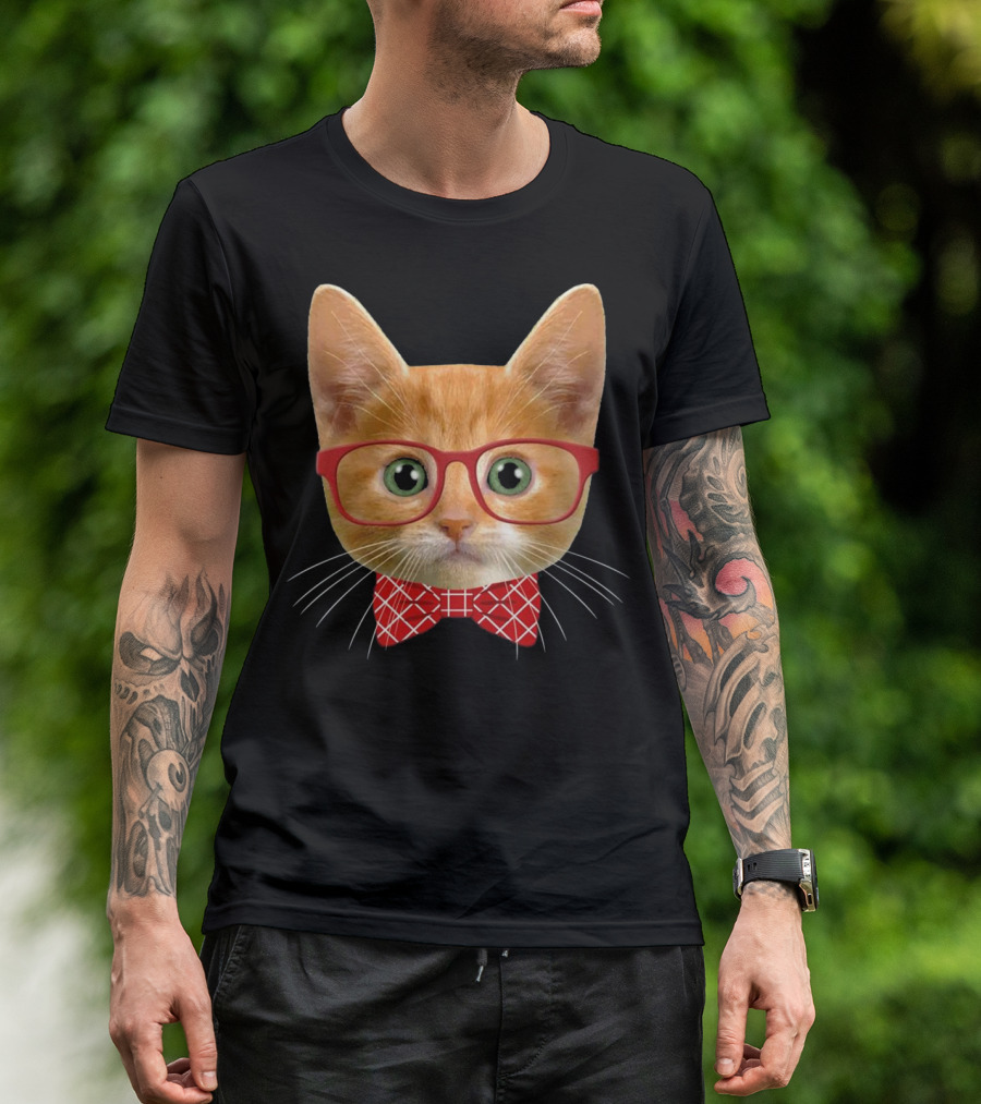 Ginger Orange Hipster Cat Green Eyes Red Glasses Bow Tie T-Shirt