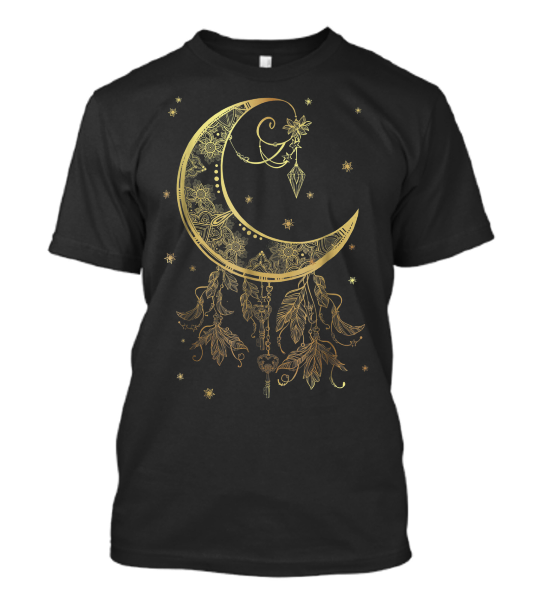 Mystical Pagan Filigree Crescent Moon With Stars And Hanging Feathers T-Shirt