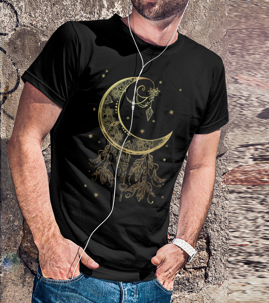 Mystical Pagan Filigree Crescent Moon With Stars And Hanging Feathers T-Shirt