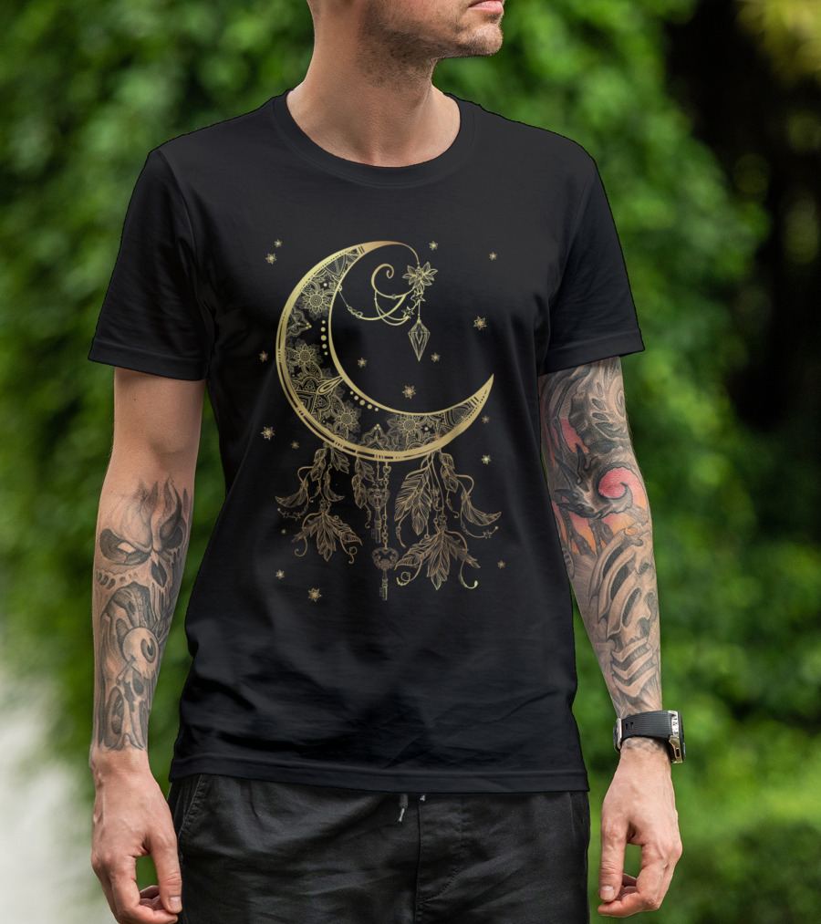 Mystical Pagan Filigree Crescent Moon With Stars And Hanging Feathers T-Shirt