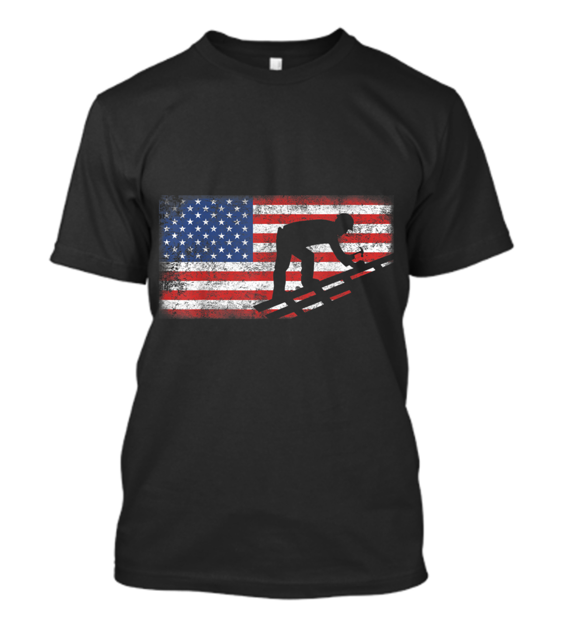 Vintage American Flag Roofer Silhouette On Distressed Stars And Stripes Background T-Shirt