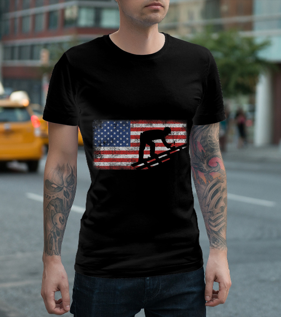 Vintage American Flag Roofer Silhouette On Distressed Stars And Stripes Background T-Shirt