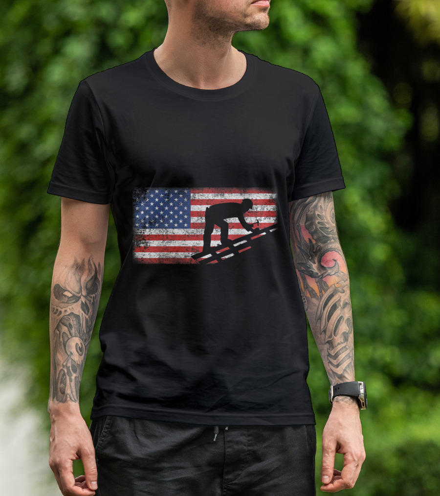 Vintage American Flag Roofer Silhouette On Distressed Stars And Stripes Background T-Shirt