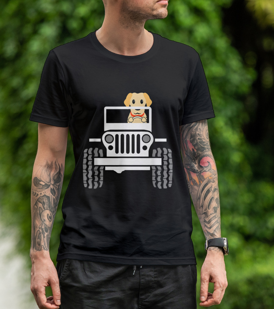 Mens Cute Funny Golden Retriever Driving Jeep T-Shirt