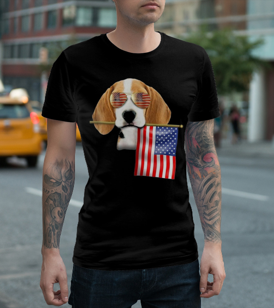 4th of July Fun American Flag Beagle with Sunglasses and Flag T-Shirt