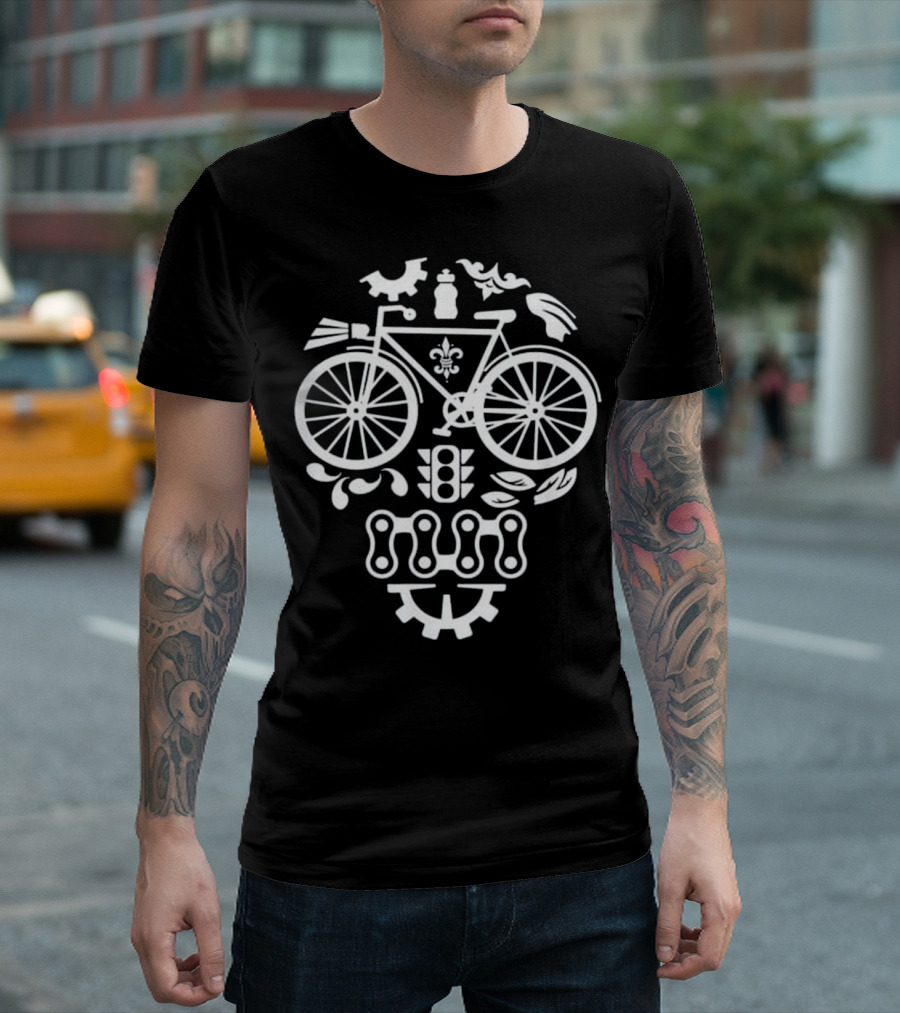 Funny Sugar Skull Bicycle Cycling Humor Fleur-de-Lis Gears Traffic Light Elements T-Shirt