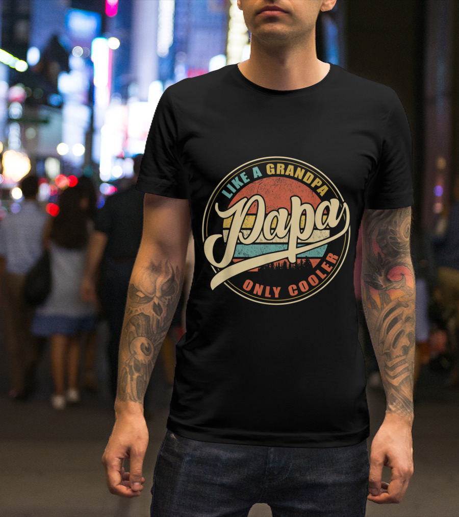 Mens Papa Like A Grandpa Only Cooler Retro Sunset Forest T-Shirt