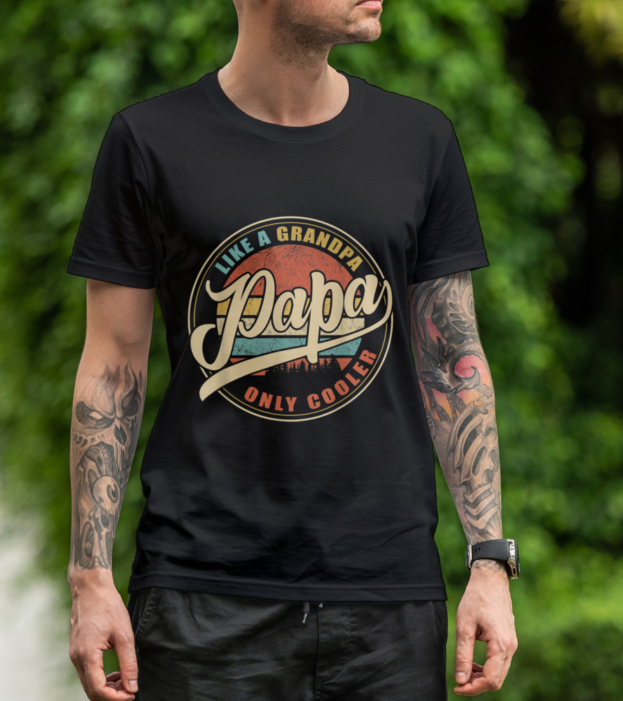 Mens Papa Like A Grandpa Only Cooler Retro Sunset Forest T-Shirt