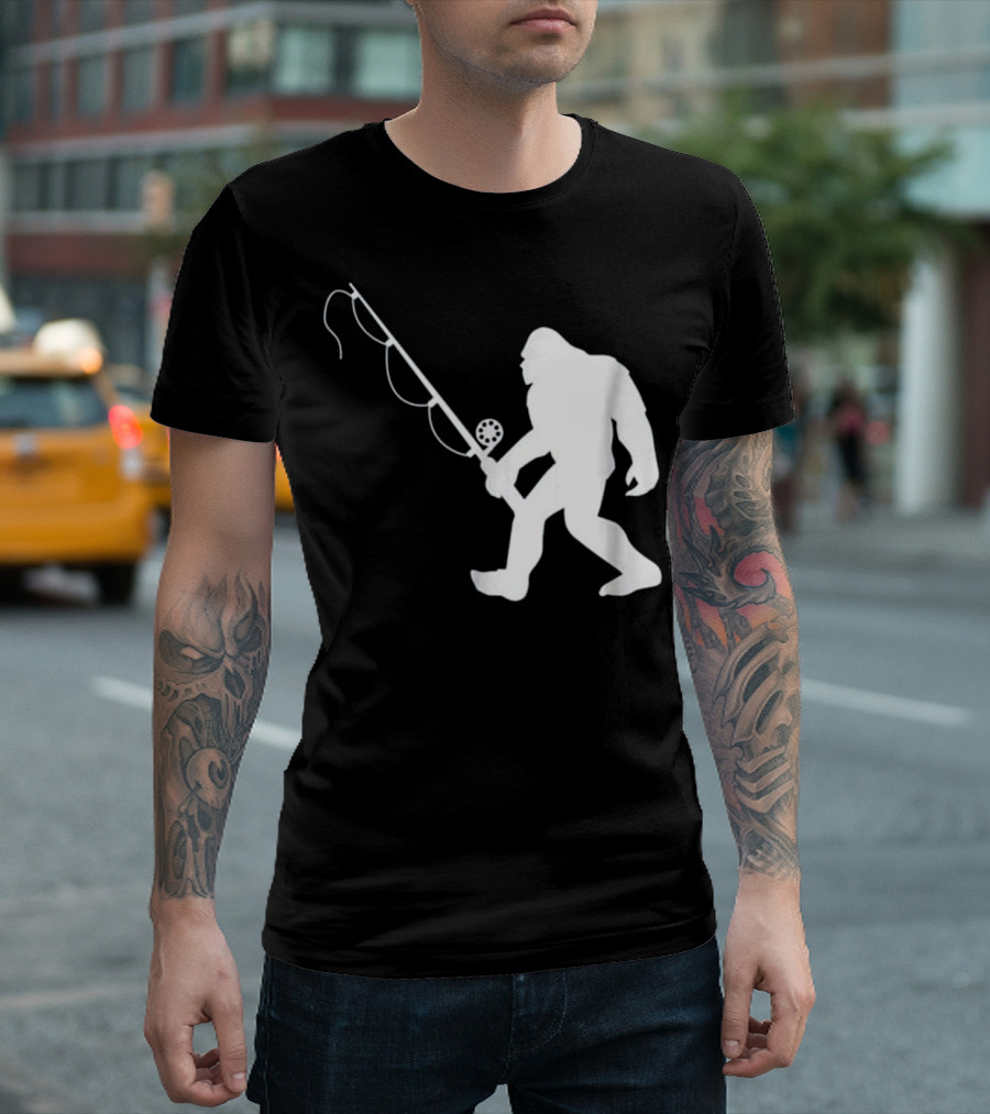 Bigfoot Silhouette Holding Fishing Rod T-Shirt