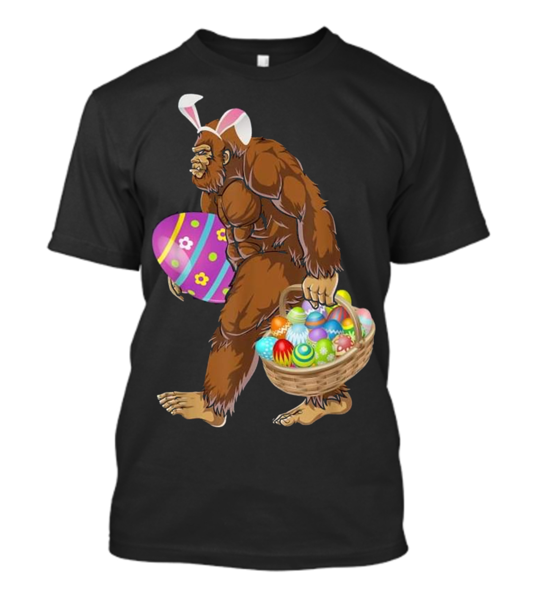 Funny Easter Bigfoot With Bunny Ears Holding Colorful Eggs T-Shirt