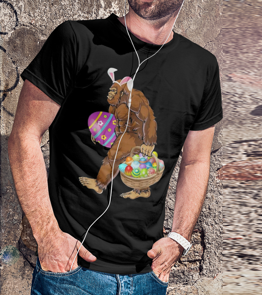 Funny Easter Bigfoot With Bunny Ears Holding Colorful Eggs T-Shirt