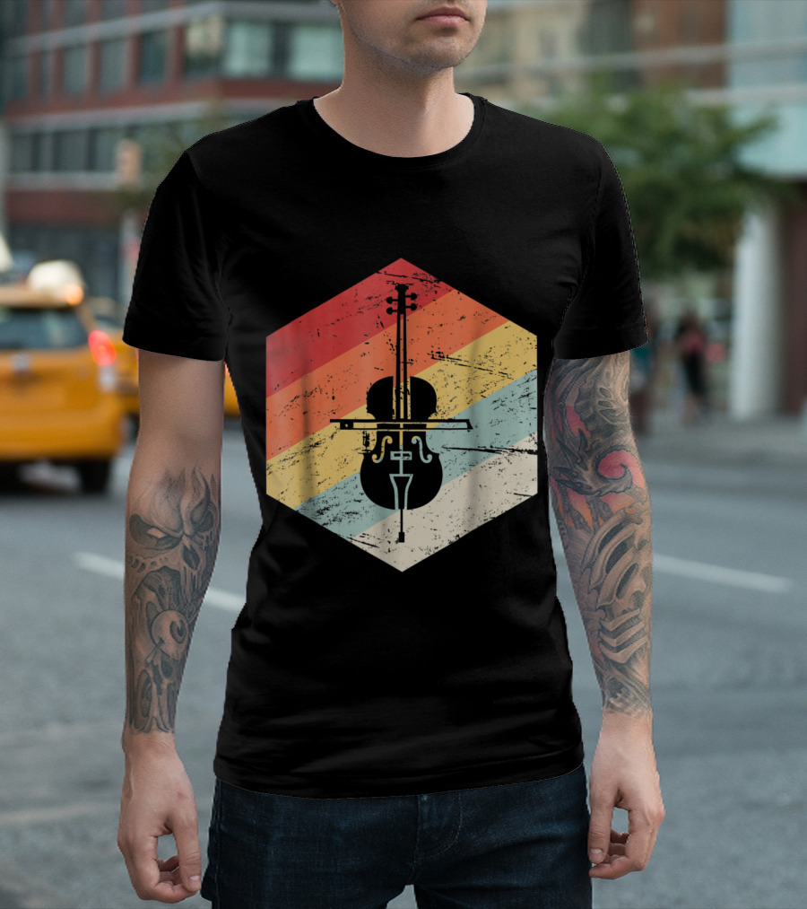 Vintage Cello Retro Rainbow Stripes Hexagon T-Shirt