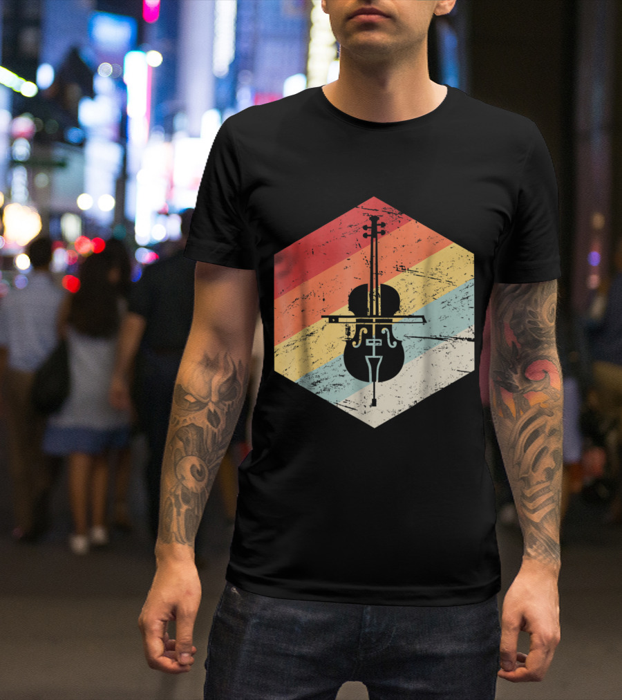 Vintage Cello Retro Rainbow Stripes Hexagon T-Shirt