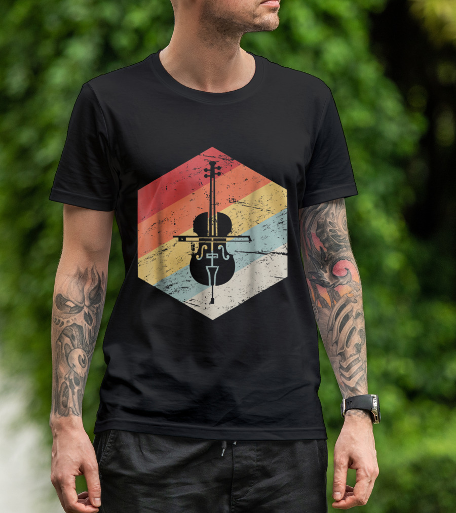 Vintage Cello Retro Rainbow Stripes Hexagon T-Shirt