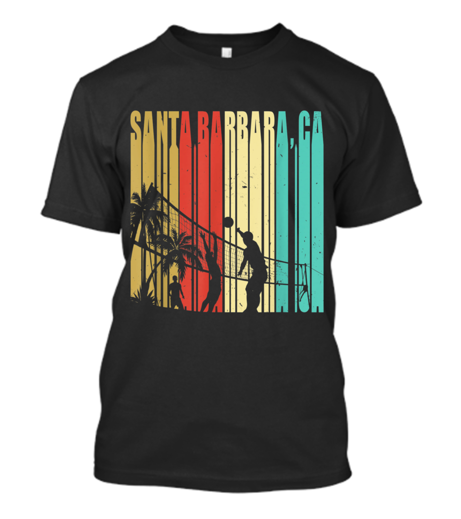 Santa Barbara CA Beach Volleyball Palm Trees Vintage Stripes T-Shirt
