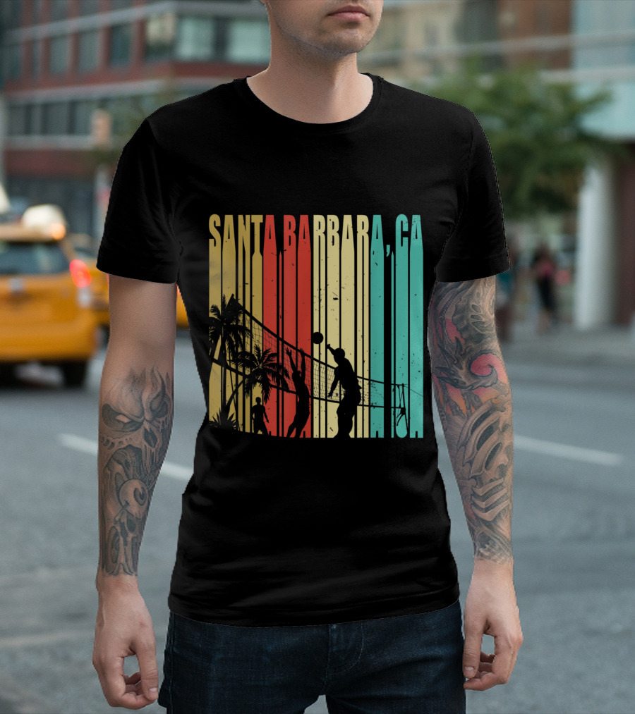 Santa Barbara CA Beach Volleyball Palm Trees Vintage Stripes T-Shirt