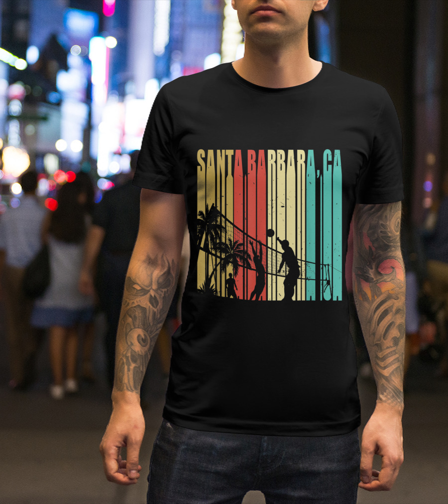 Santa Barbara CA Beach Volleyball Palm Trees Vintage Stripes T-Shirt