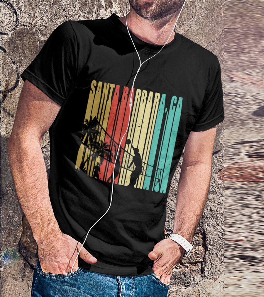 Santa Barbara CA Beach Volleyball Palm Trees Vintage Stripes T-Shirt