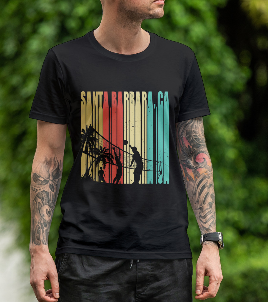 Santa Barbara CA Beach Volleyball Palm Trees Vintage Stripes T-Shirt