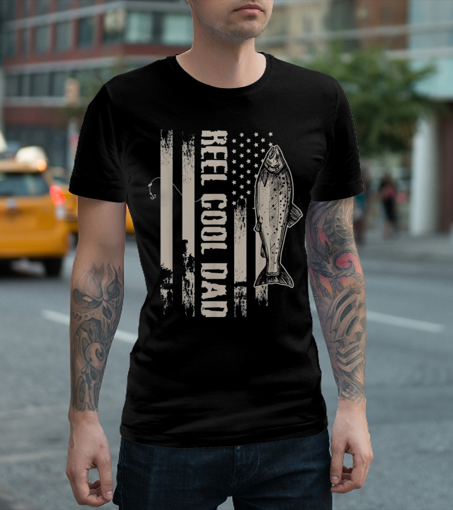 Reel Cool Dad American Flag Fishing Vertical Stripes Fish T-Shirt