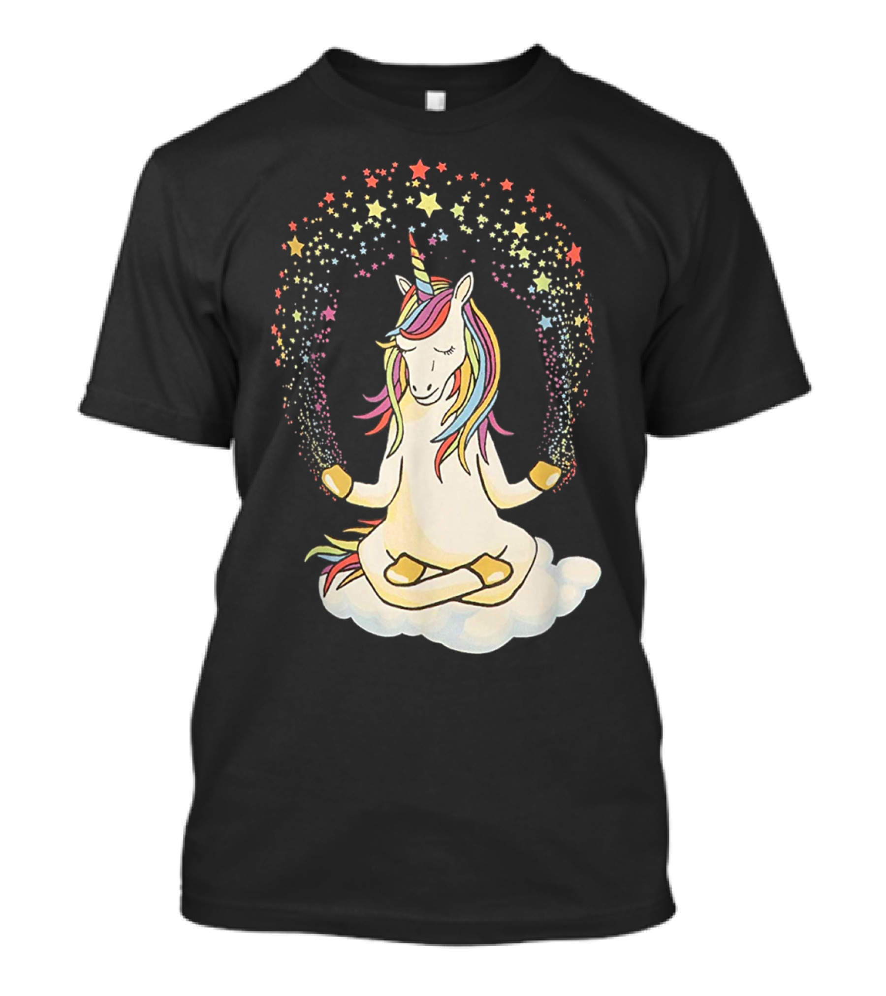 Namaste Meditating Magical Yoga Unicorn On Cloud With Rainbow Stars T-Shirt