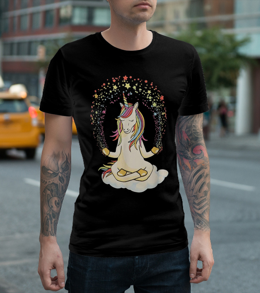 Namaste Meditating Magical Yoga Unicorn On Cloud With Rainbow Stars T-Shirt