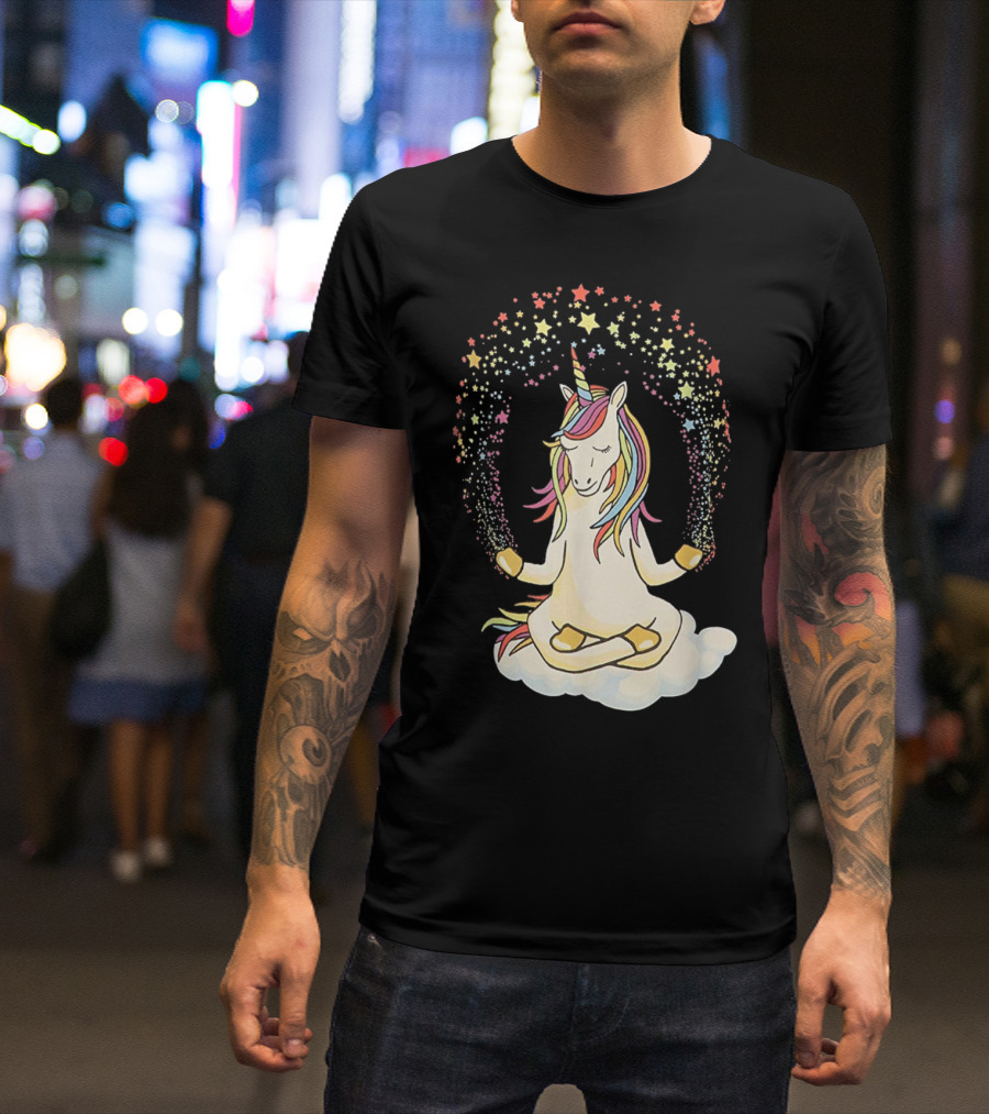 Namaste Meditating Magical Yoga Unicorn On Cloud With Rainbow Stars T-Shirt