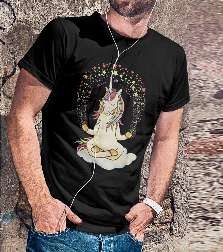 Namaste Meditating Magical Yoga Unicorn On Cloud With Rainbow Stars T-Shirt