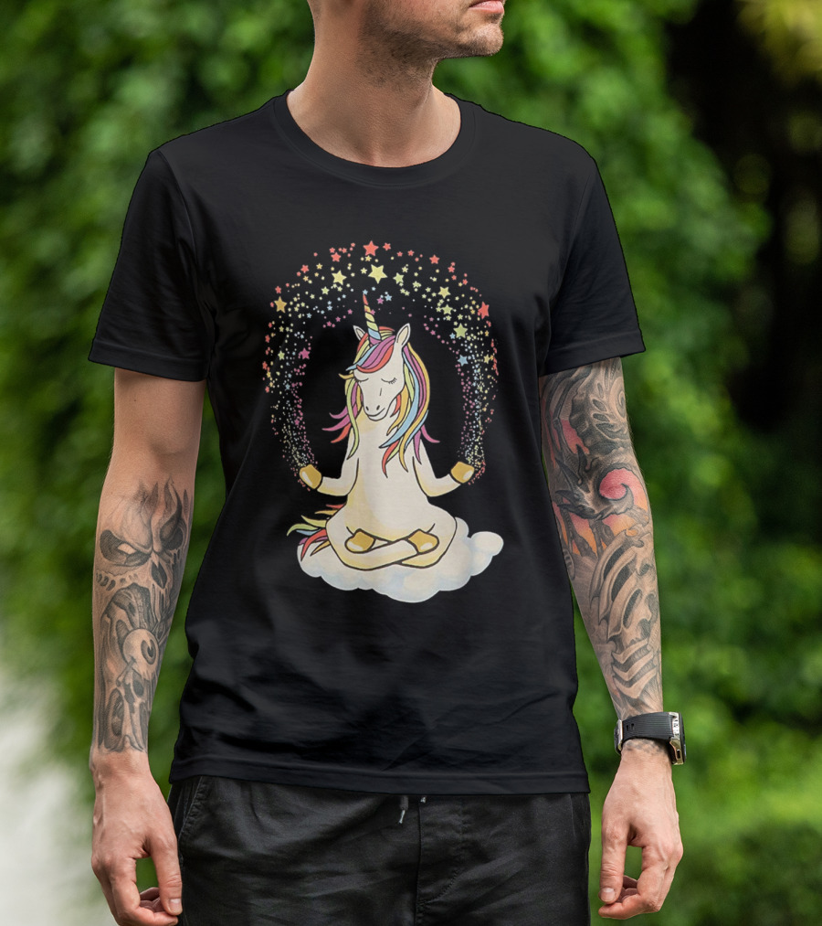 Namaste Meditating Magical Yoga Unicorn On Cloud With Rainbow Stars T-Shirt
