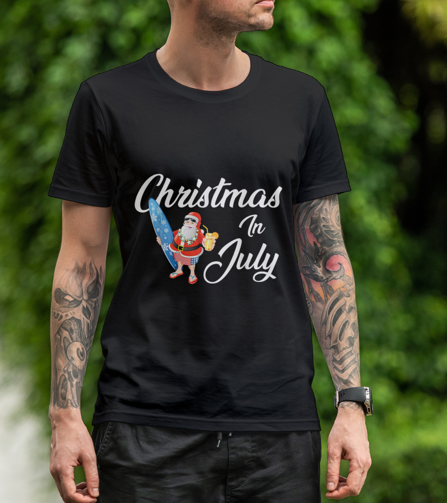 Christmas In July Santa Hawaiian Surfing Holiday Fun T-Shirt